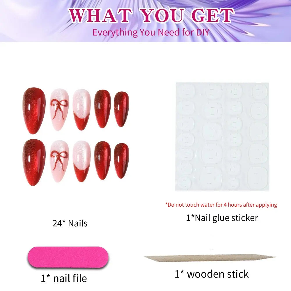24pcs Long Almond Press-On Nails, Nude Cat Eye, French Tip, Butterfly Design, Acrylic, Includes Jelly Glue and Nail File, Fall Winter Essential
