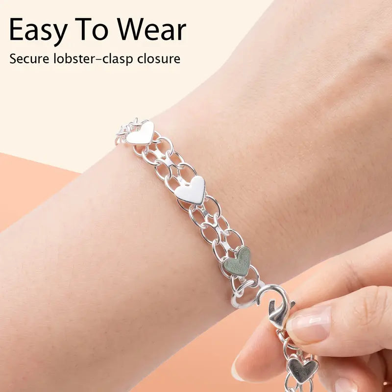 YLNWH 925 Sterling Silver Heart Link Bracelet for Women, Double-Chain Polished Charm Bracelet with Lobster Clasp, Boho Everyday Jewelry Gift