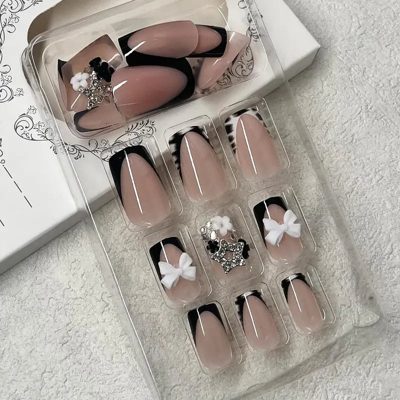 French Tip Press on Nails Short Square Fake Nails with Bow Charms Designs Black White Zebra Print False Nails Cute Small Flowers Silver Star Nail Rhinestones Stick on Nails for Women 24Pcs