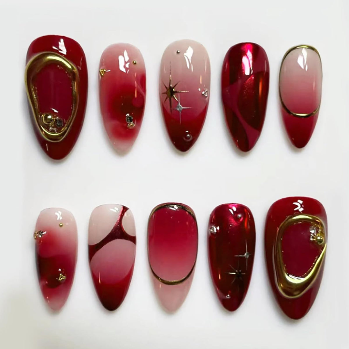 30Pcs Pink Flower Press on Nails Medium Almond Fake Nails Peach Blossom with 3D Rhinestones Pearl Gold Glitter Design Artificial Cute Cat Nails Stick on Nails Spring False Nails for Women Acrylic Nail
