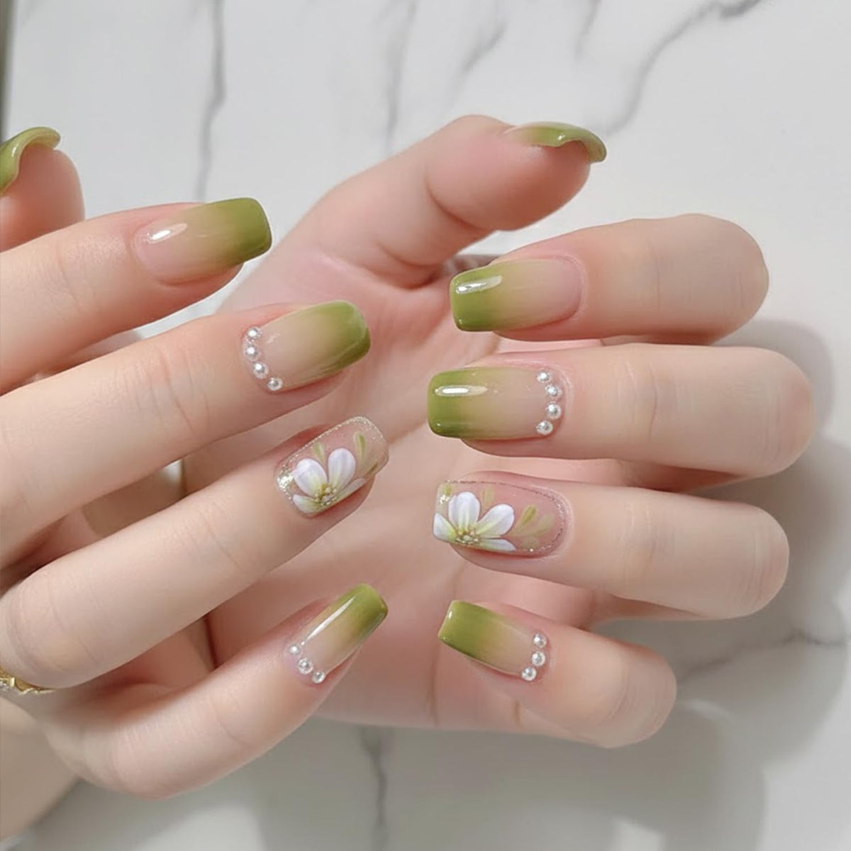 Press on Nails French Tip Fake Nails with Leopard Print 3D Flower Designs Gold Bead Star Medium Square Full Cover Stick on False Nail for Women 24 Pcs