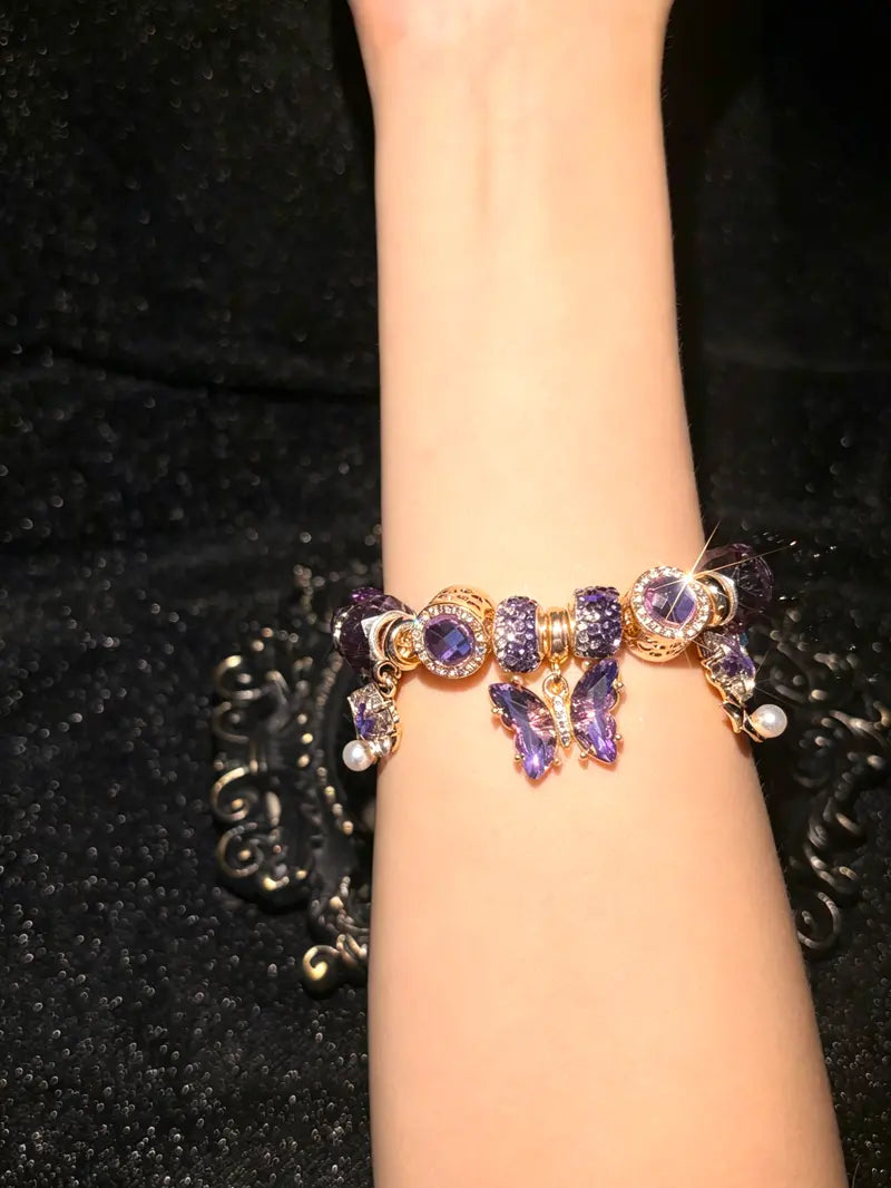 Womens Sparkly Purple Butterfly Charm Bracelet, Pearl Dangle Rhinestone Beaded Jewelry for Girls