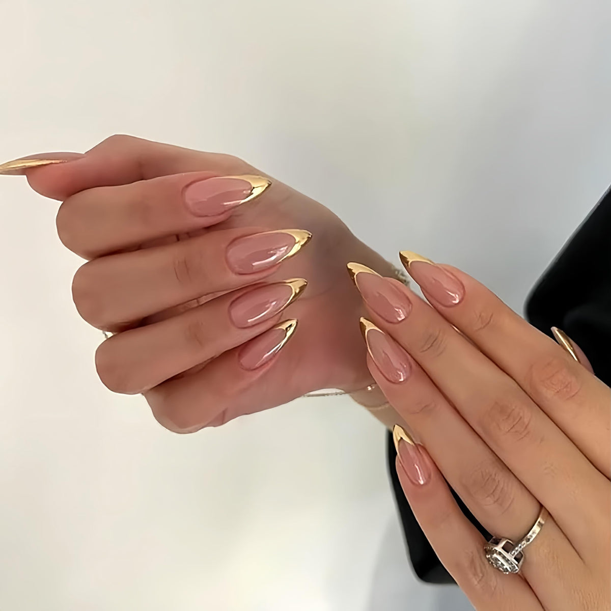 Fall Short Press On Nails Almond, Nude Fake Nails accented with golden glitter and Graceful White Floral Petal Design, Glossy Gel Finish Acrylic Nails, Natural Reusable Glue On Nails for Women