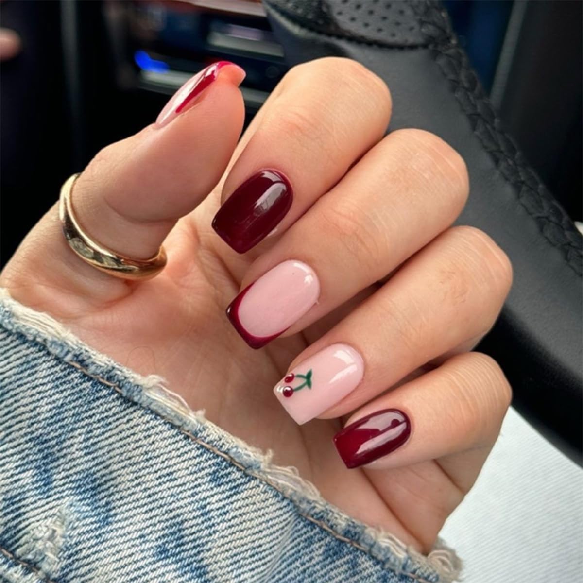 24 Pcs Nude Pink Press on Nails Short Square - YEFIUO Cute Fake Nails Press ons Glossy Nail Tips Full Cover False Nails with Ombre Designs Glue on Nails Kit Acrylic Set Festival Nail Art DIY for Women