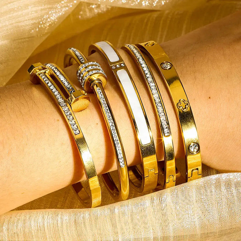 Women's 5pcs Luxury Stainless Steel Stacked Bangles Set - Fashionable Gold Cubic Zirconia Bracelets, Exquisite Trendy Bracelets, Non Tarnish Tarnish Proof Jewelry Gifts, Bracelets Bangles