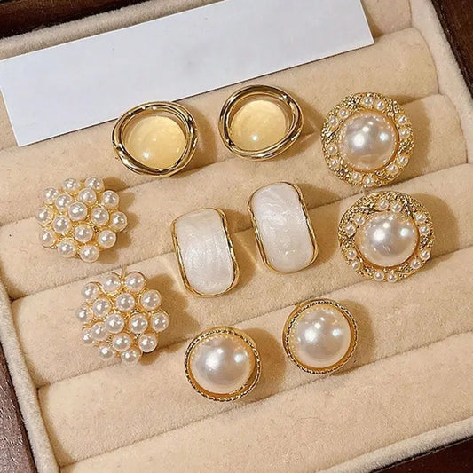 Women's 6-Pair Retro Elegant Hong Kong-Style Glossy Round Square Studs Set, Fashionable Earrings, Fine Stud Earrings, Elegant Jewelry Accessory, Costume Jewelry for Women