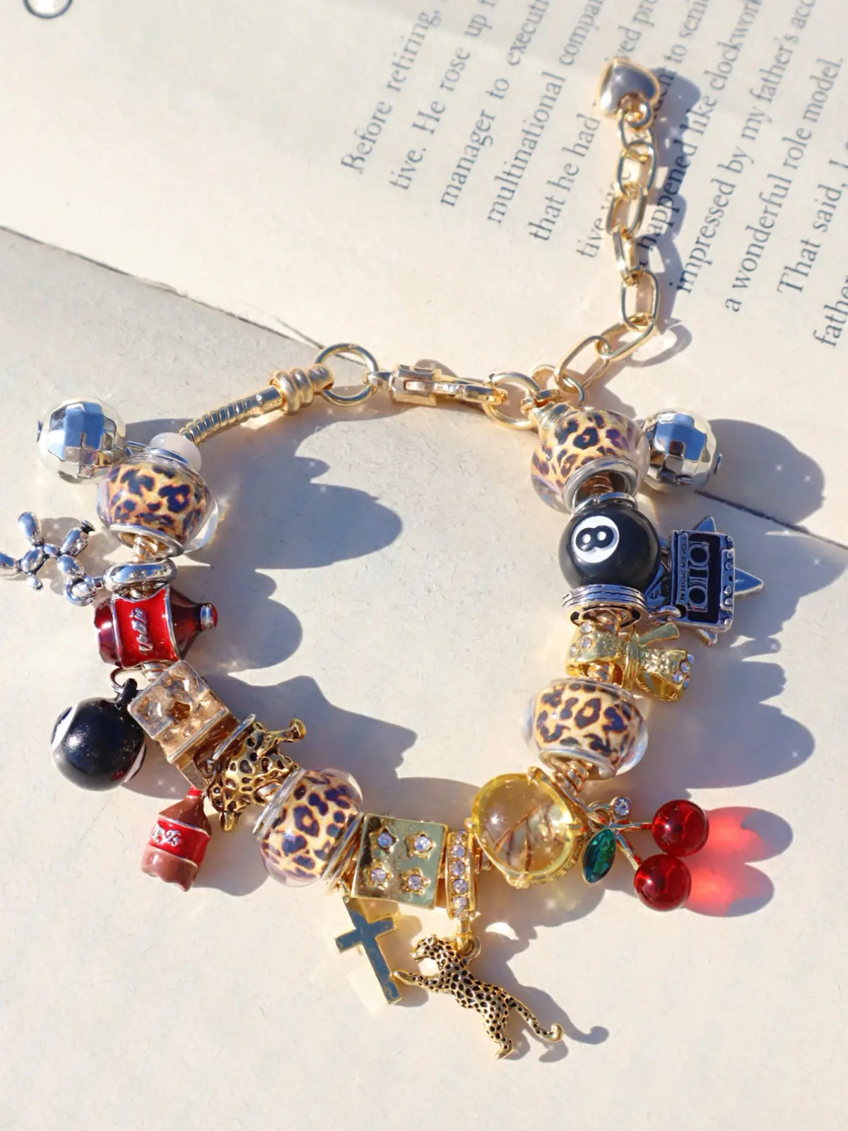 Unique Leopard Print Charm Bracelet, Cherry & Cross & Ball Pendant Bracelet, Music Festival Bracelet, Durable Beaded Bracelet, Creative Eye-Catching Bracelet, Trendy Jewelry