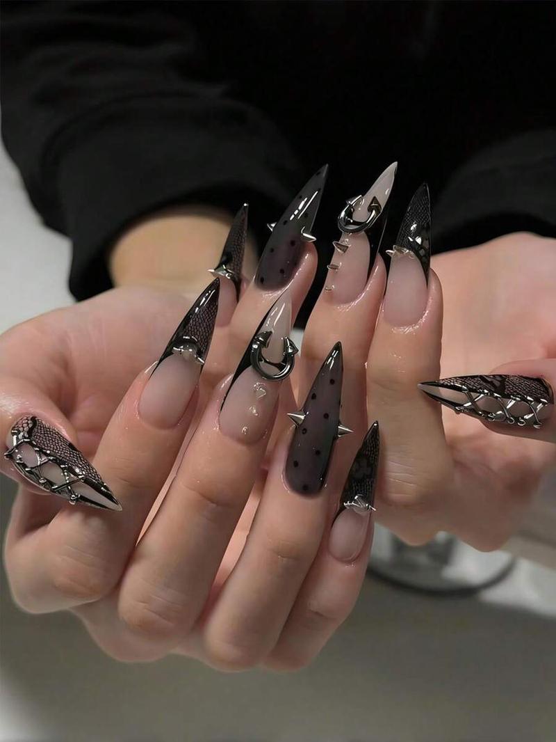 24pcs Long Pointed Press-On Nails, Long Slim Pointed Fake Nails Set, Black French Tip, Black Heart & Thin Line Nail Art, Minimalist Milky White, Suitable For Women's Daily Wear, Dating, Wedding And Party