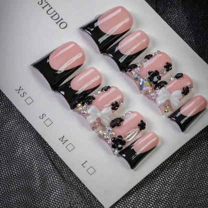 10pcs Y2K Style Kawaii Nails White Bow Short Duck Nails, Handmade Black Edged French Tips Press-On Nails, False Nails With Bow, Rhinestone Accents, For Daily, School, Or Office, Great Gift For Women And Girls