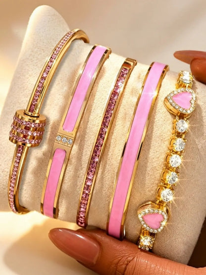 5Pcs Pink Enamel Gold Bangle Bracelet Set Stacking Bangle Bracelet Sparkly Rhinestone Heart Stackable Bracelets Fashion Women Jewelry For Party Daily Wear Gift For Her