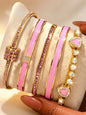 5Pcs Pink Enamel Gold Bangle Bracelet Set Stacking Bangle Bracelet Sparkly Rhinestone Heart Stackable Bracelets Fashion Women Jewelry For Party Daily Wear Gift For Her