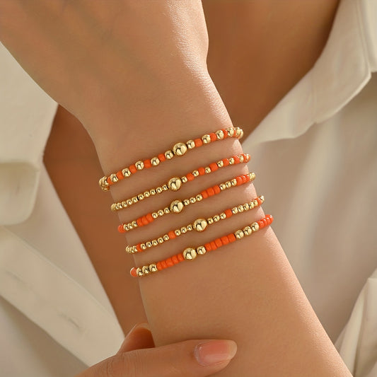 5pcs Retro Bohemian Style Versatile, Easy And Random CCB Glass Bead Elastic Layered Bracelet Set Suitable for Women'S Daily Vacation Matching
