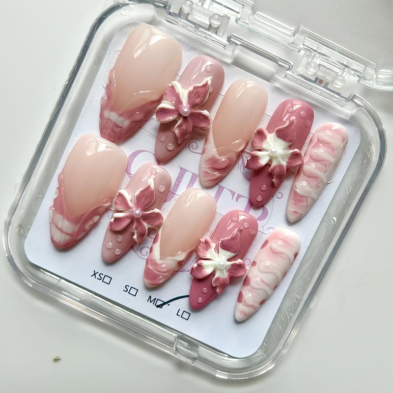 10Pcs Handmade Press On Nails Reusable Medium Handmade Acrylic Press Nails New Summer Collection, Cute Elegant Luxury Cat Eye Design, Ocean Inspired, High Quality Soft Sophisticated Look for Women Nail Art