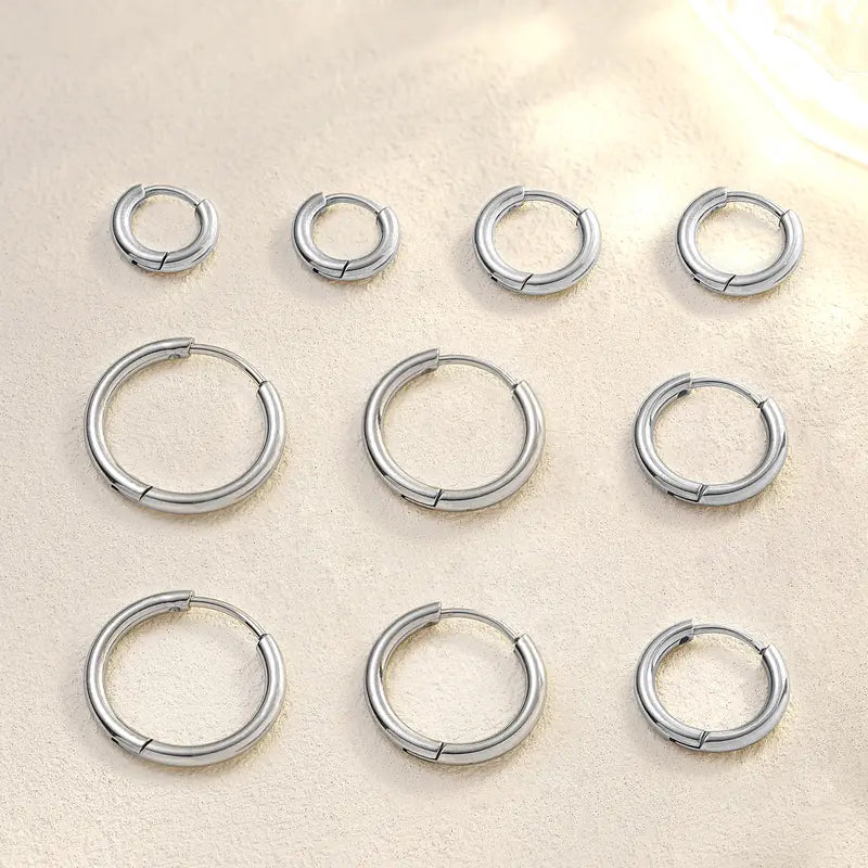 ENVYOU CZ 316L Surgical Steel Circular Huggie Hoops Earrings Set - 5 Pairs, Corrosion Resistant, Hypoallergenic, Lightweight Minimalist, Flexible Clasp Sleepers for Women (6/8/10/12/14mm, Sensitive Ears Friendly, Ear Stacking, Men's Accessories)