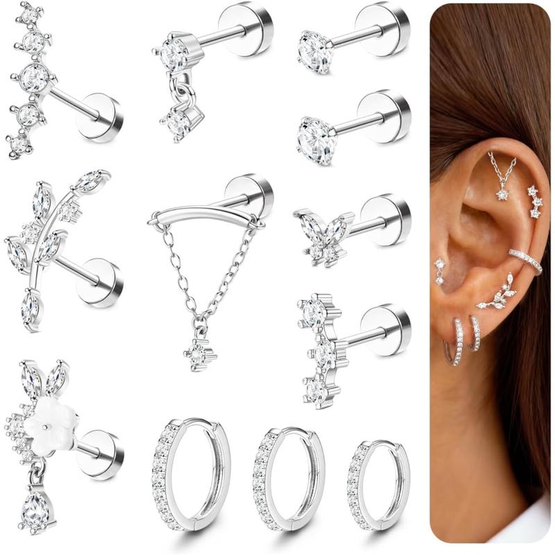 Trendy 12 pairs Hypoallergenic Cartilage Earrings for Women,Flat Back Earring Stacks,Stainless Surgical Steel,Sensitive Ears,Flatback Stud,Hoop,Earring Set,Tragus Conch Daith Helix Piercing Jewelry