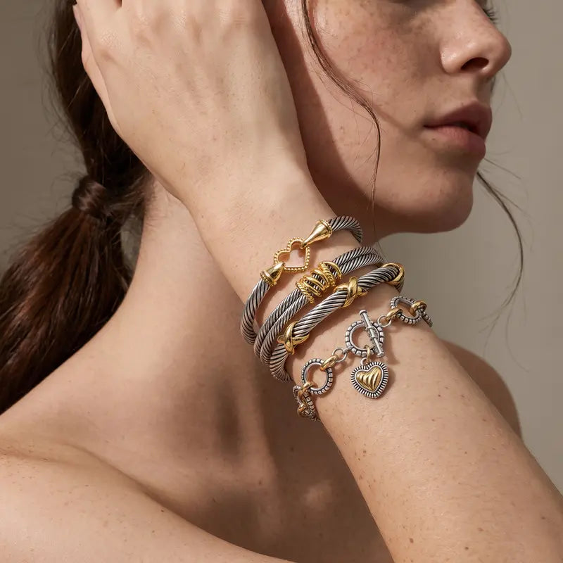 Aprilery Trendy 4PCS Twisted Adjustable Cable & Chain Link Jewelry Arm Candy Set – Stackable Knot & Hook Turquoise Bangle Bracelets for Women Perfect Everyday Jewelry Gold & Silver Bracelets