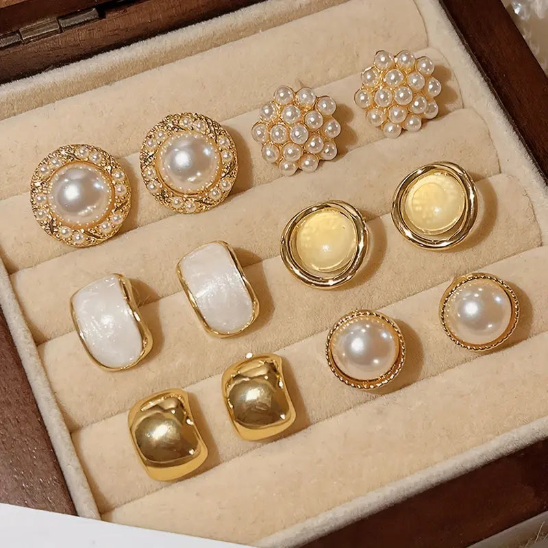 Women's 6-Pair Retro Elegant Hong Kong-Style Glossy Round Square Studs Set, Fashionable Earrings, Fine Stud Earrings, Elegant Jewelry Accessory, Costume Jewelry for Women