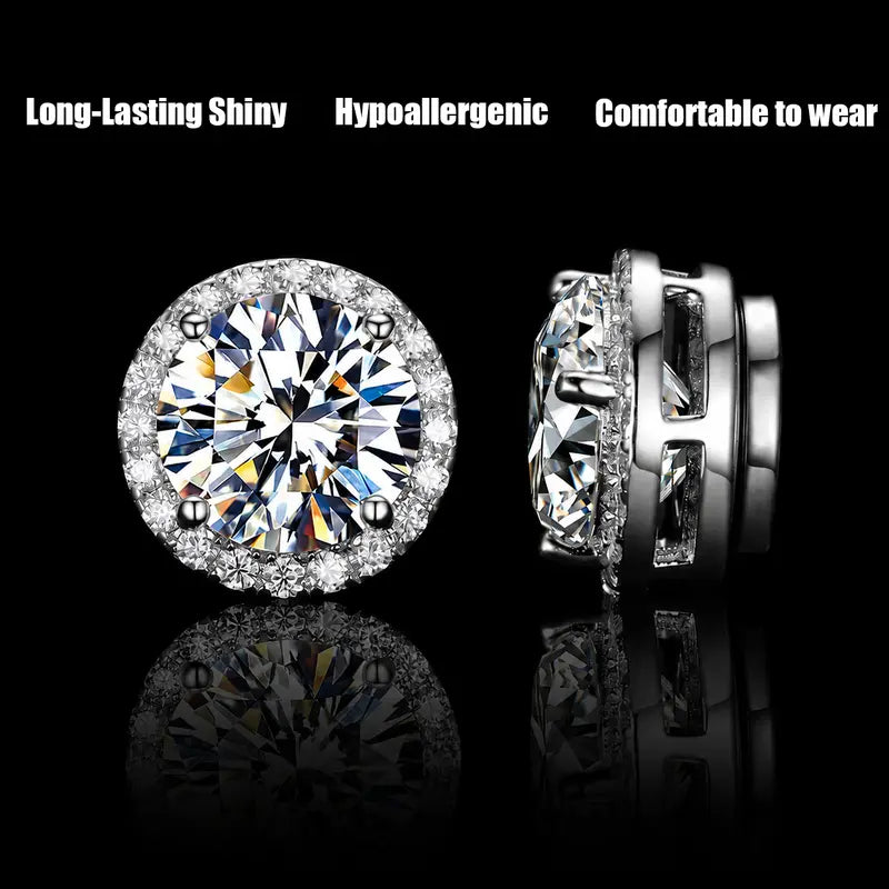 Round Magnetic Stud Earrings for Men Women, No Piercing Needed, Iced Out CZ Diamond Stud Earrings, Silver Tone/ Gold Plated Magnetic Earrings, Non Pierced Hip Hop Studs Gift Sparkling Ear Jewelry