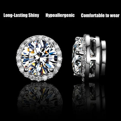 Round Magnetic Stud Earrings for Men Women, No Piercing Needed, Iced Out CZ Diamond Stud Earrings, Silver Tone/ Gold Plated Magnetic Earrings, Non Pierced Hip Hop Studs Gift Sparkling Ear Jewelry