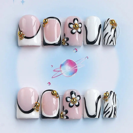 Nailssbysheccid, 10pcs press-on nails, Fake nails, square shape, 100% handmade, simple style, combined with French style, 3D, suitable for family dinners, dates, weddings, gift for girls, comes with jelly glue, crystal sticks and twisting rods