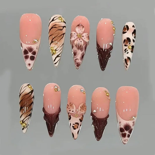 10Pcs/Set Stiletto‑Shaped Handmade Press‑On Nails,Y2K Style,Pink,Brown,Leopard Print & 3D Flower Design,Gold Bead & Rhinestone Decor,Size XS/S/M/L,Include Jelly Glue,Nail File,Cuticle Pusher,for Daily,Party,Dating,Great Holiday Gift for Women
