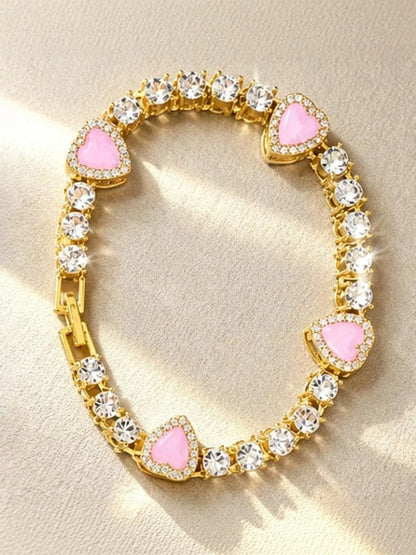 5Pcs Pink Enamel Gold Bangle Bracelet Set Stacking Bangle Bracelet Sparkly Rhinestone Heart Stackable Bracelets Fashion Women Jewelry For Party Daily Wear Gift For Her