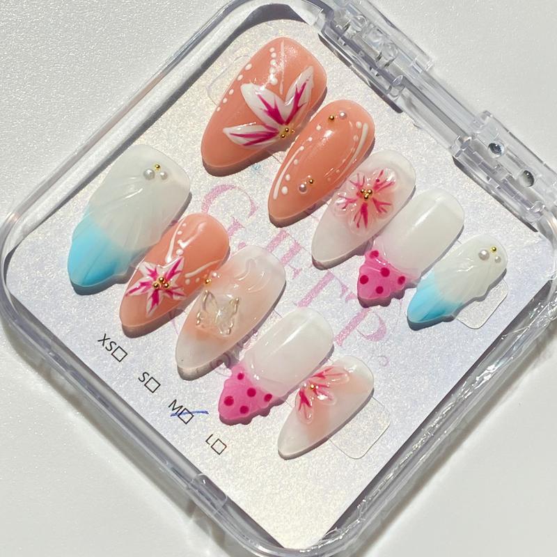 10Pcs Handmade Press On Nails Reusable Medium Handmade Acrylic Press Nails New Summer Collection, Cute Elegant Luxury Cat Eye Design, Ocean Inspired, High Quality Soft Sophisticated Look for Women Nail Art