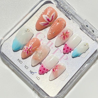 10Pcs Handmade Press On Nails Reusable Medium Handmade Acrylic Press Nails New Summer Collection, Cute Elegant Luxury Cat Eye Design, Ocean Inspired, High Quality Soft Sophisticated Look for Women Nail Art