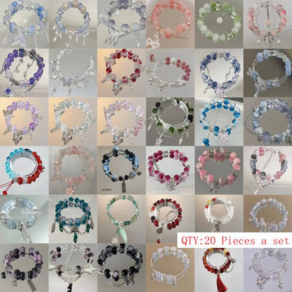 Women's Charm Bracelets Jewelry Accessory - 10pcs/20pcs Mix Packs, Light Blue/Pink Glass Beads, Flower & Butterfly Charms, Cute Bow Accents, Casual Everyday Female Arm Candy Accessories, Summer Gifts