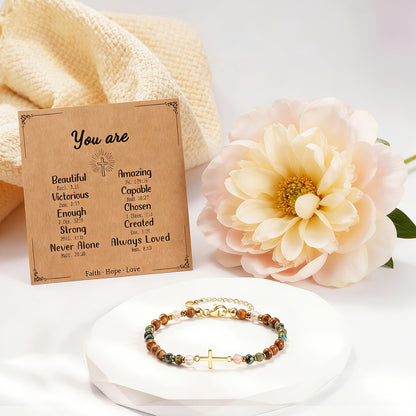 Cross Bracelet Christian Baptism Confirmation Gift Christian Sisters Friendship Bracelet Three Stones Protection Bracelet for Bonus Mom Daughter-In-Law Godmother Bestie Friend Family Birthday Easter Christmas Mother'S Day Holiday Gift with Card