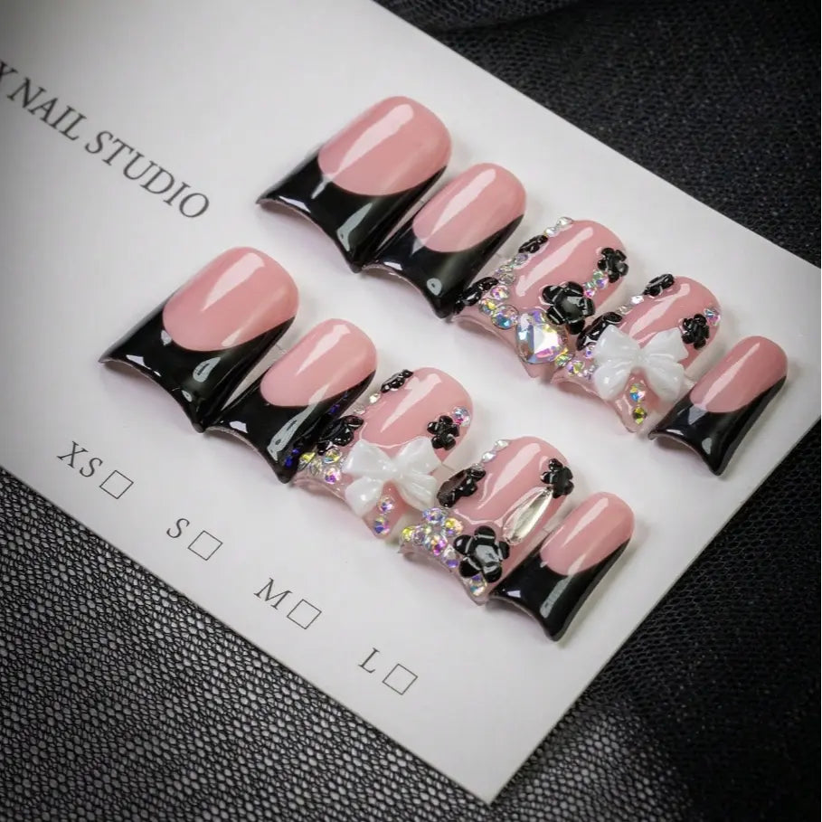 10pcs Y2K Style Kawaii Nails White Bow Short Duck Nails, Handmade Black Edged French Tips Press-On Nails, False Nails With Bow, Rhinestone Accents, For Daily, School, Or Office, Great Gift For Women And Girls
