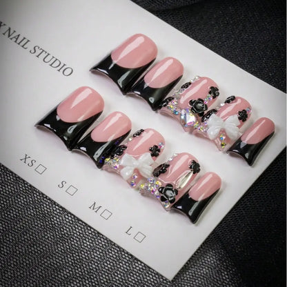 10pcs Y2K Style Kawaii Nails White Bow Short Duck Nails, Handmade Black Edged French Tips Press-On Nails, False Nails With Bow, Rhinestone Accents, For Daily, School, Or Office, Great Gift For Women And Girls