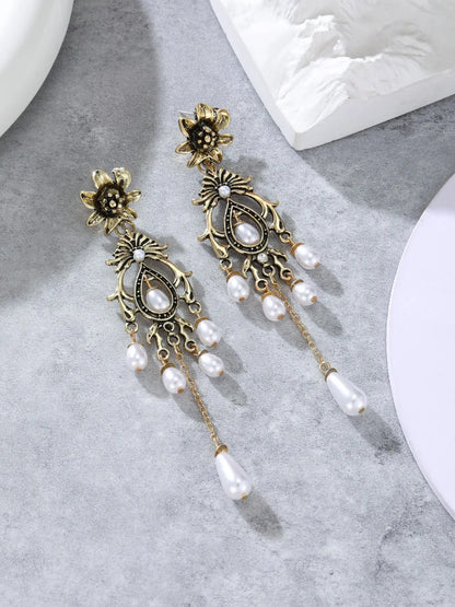 Vintage Palace Style Pearl Embellished Fringe Long Dangly Earrings, Dangle Earring, Elegant Ancient Style Women's Party Vacation Unique Earrings, Pair Earrings Jewelry