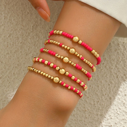 5pcs Retro Bohemian Style Versatile, Easy And Random CCB Glass Bead Elastic Layered Bracelet Set Suitable for Women'S Daily Vacation Matching