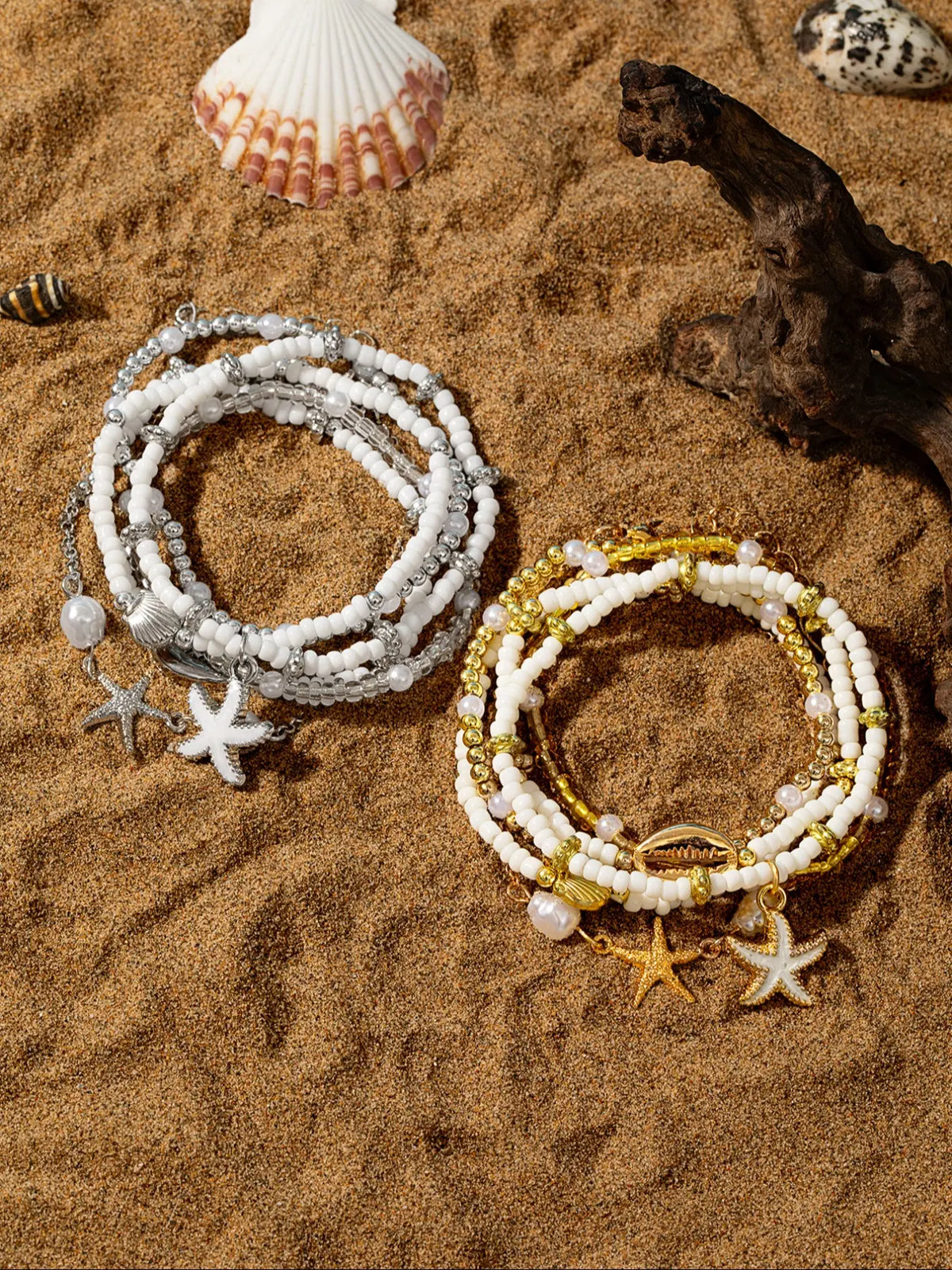 Vintage Shell Beaded Mix Bracelets Set, 6 Pcs Multi-Layer Oil Drop Starfish Jewelry Boho Style Bangles for Casual Vacation Wear Layered Bracelet Set