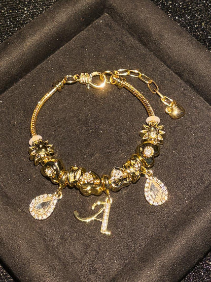 Women's Gold Tone Mixed Charm Beaded Bracelet A Z Initial Letters Available, Fashion Costume Jewelry Gift