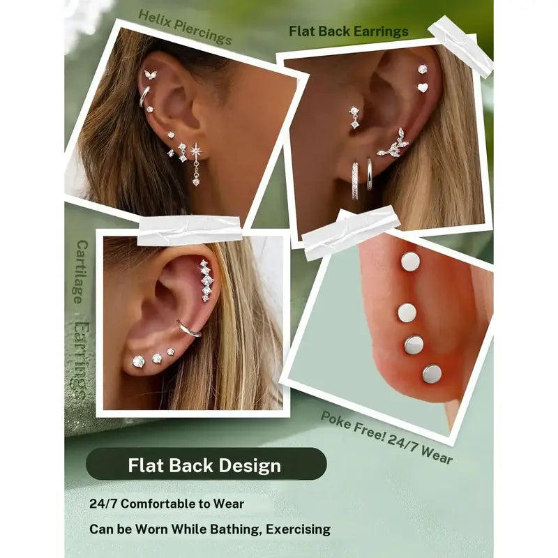 Women's Medical Steel Earring Stack Set, 11 Pairs Hypoallergenic Flat Back Studs & Hoops, Tarnish Free Accessories for Conch & Helix Piercings, Everyday Fashion Jewelry