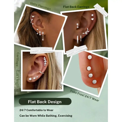 Women's Medical Steel Earring Stack Set, 11 Pairs Hypoallergenic Flat Back Studs & Hoops, Tarnish Free Accessories for Conch & Helix Piercings, Everyday Fashion Jewelry