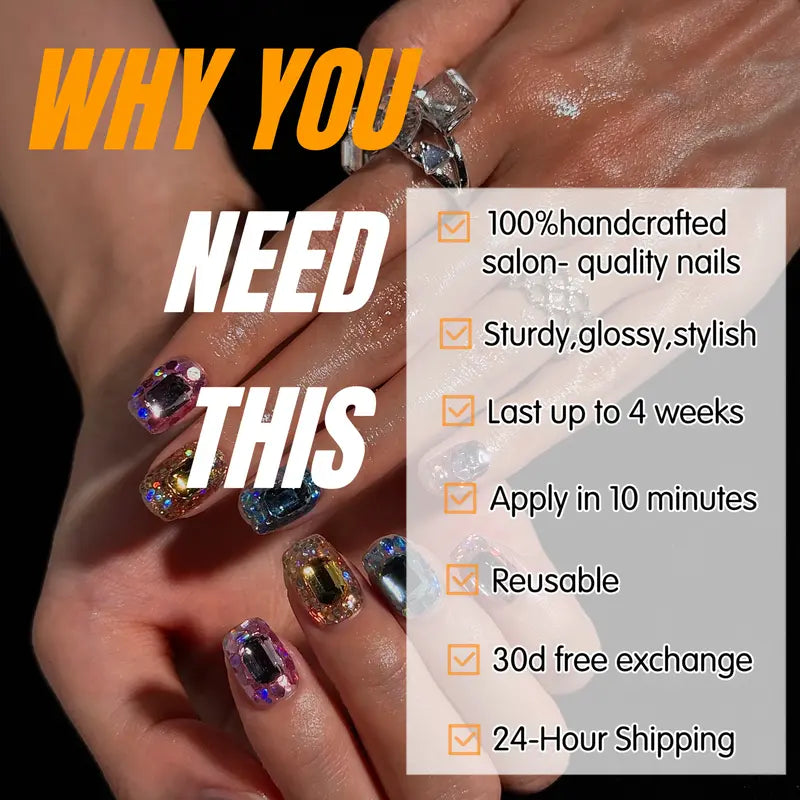(17AM00#) Handmade Press-On Nails | Reusable, Salon-Quality, Long-Lasting, Glossy Design, Crystal Rhinestone Nude Blue Party Set