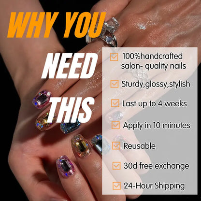(17AM00#) Handmade Press-On Nails | Reusable, Salon-Quality, Long-Lasting, Glossy Design, Crystal Rhinestone Nude Blue Party Set
