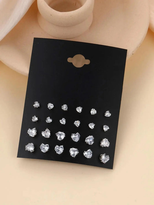 12 Pairs Women's Elegant Heart Design Stud Earrings, Rhinestone Decor Stud Earrings, Fashion Accessories for Women & Girls, Heart Shaped Earrings