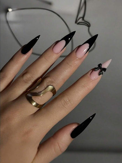 24pcs Long Pointed Press-On Nails, Long Slim Pointed Fake Nails Set, Black French Tip, Black Heart & Thin Line Nail Art, Minimalist Milky White, Suitable For Women's Daily Wear, Dating, Wedding And Party