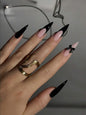 24pcs Long Pointed Press-On Nails, Long Slim Pointed Fake Nails Set, Black French Tip, Black Heart & Thin Line Nail Art, Minimalist Milky White, Suitable For Women's Daily Wear, Dating, Wedding And Party