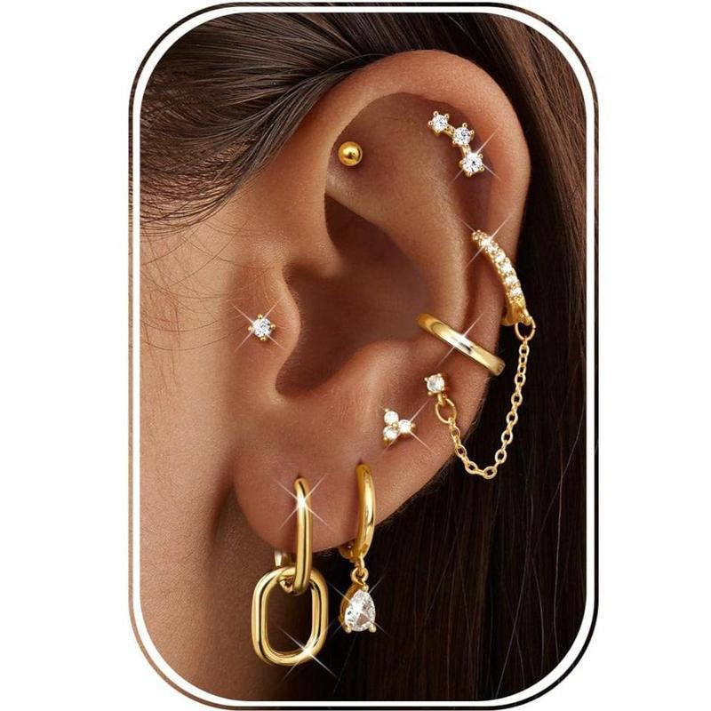 CASSIECA 8Pairs Earrings Stack Set for Women Gold Plated Hypoallergenic Chain Cartilage Pieces Silver Huggie Hoop Studs for Multiple Piercings Lightweight Jewelry For Women Sohochic
