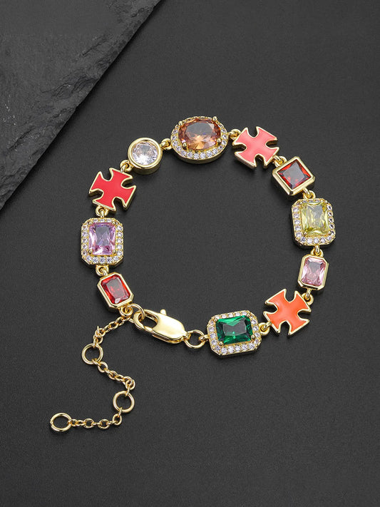 ICED CHICS Cross-Drip Oil Colored Cubic Zirconia Copper Chain Bracelet, Geometric Cube Design Hip-hop Style Bracelet, Birthday Gift for Party and Special Occasions, Adds Elegance and Sophistication, Unisex Design, Bracelet Jewelry, Fashion Bracelet