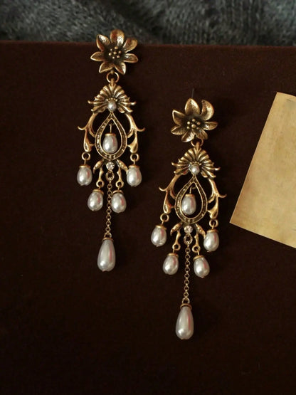 Vintage Palace Style Pearl Embellished Fringe Long Dangly Earrings, Dangle Earring, Elegant Ancient Style Women's Party Vacation Unique Earrings, Pair Earrings Jewelry