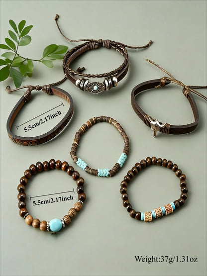 6-Piece Brown Classic Bull's Head and Sunflower Bracelet Bundle Set, Adjustable and Bracelets, Perfect for Parties, Western-Themed Events and Music Festivals, Ideal Gift for Friends