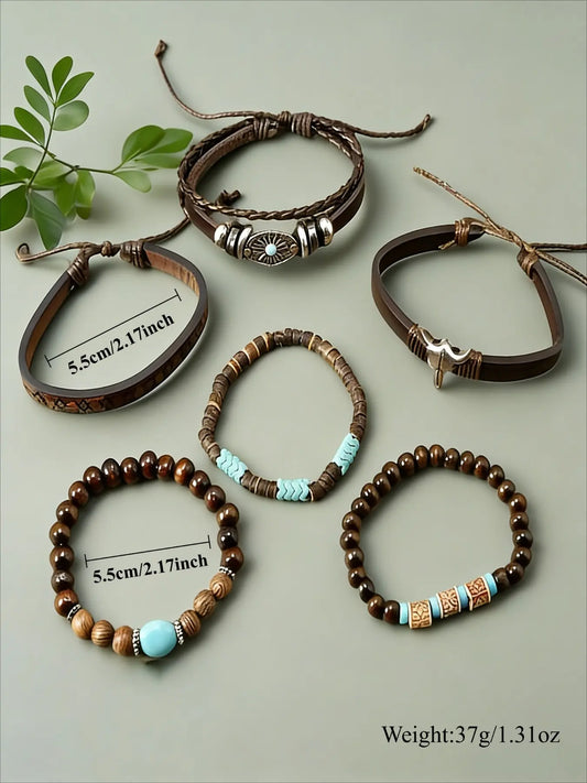 6-Piece Brown Classic Bull's Head and Sunflower Bracelet Bundle Set, Adjustable and Bracelets, Perfect for Parties, Western-Themed Events and Music Festivals, Ideal Gift for Friends