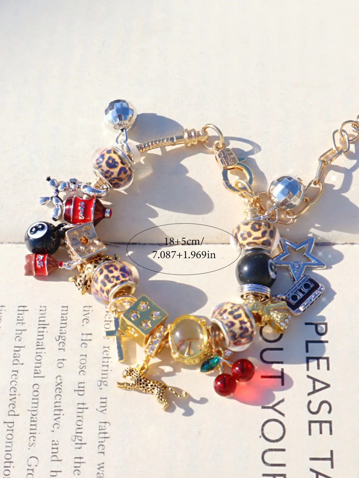 Unique Leopard Print Charm Bracelet, Cherry & Cross & Ball Pendant Bracelet, Music Festival Bracelet, Durable Beaded Bracelet, Creative Eye-Catching Bracelet, Trendy Jewelry