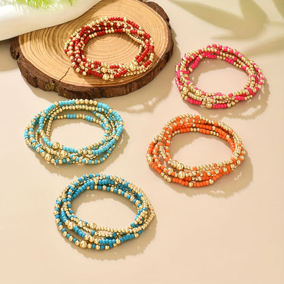 5pcs Retro Bohemian Style Versatile, Easy And Random CCB Glass Bead Elastic Layered Bracelet Set Suitable for Women'S Daily Vacation Matching